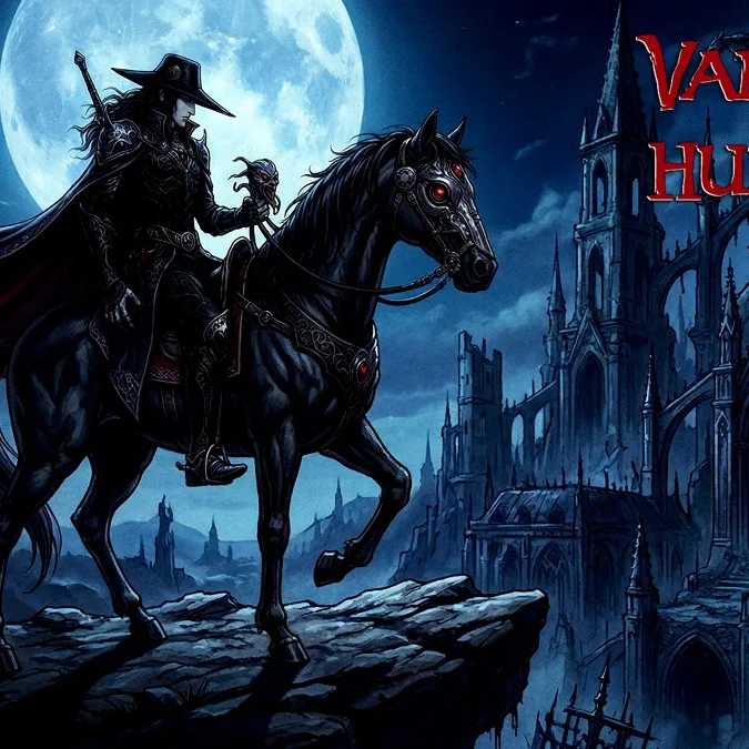 Ilustração de Vampire Hunter D em estilo gótico, destacando o contraste de luz e sombra e a estética detalhada do estúdio Madhouse.