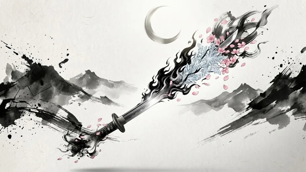 Ilustração conceitual de uma Zanpakuto combinando elementos de metal, pétalas e sombras em estilo artístico japonês.