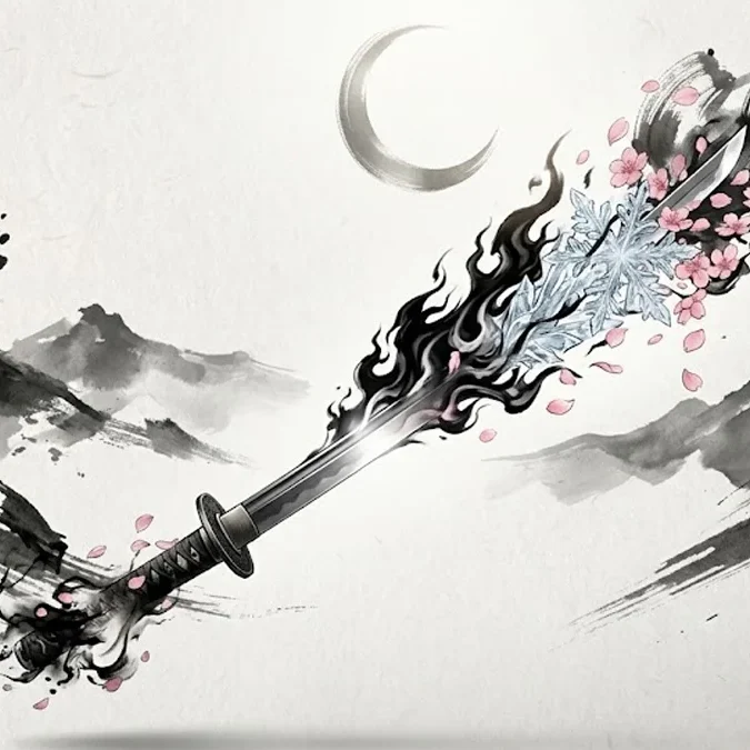 Ilustração conceitual de uma Zanpakuto combinando elementos de metal, pétalas e sombras em estilo artístico japonês.