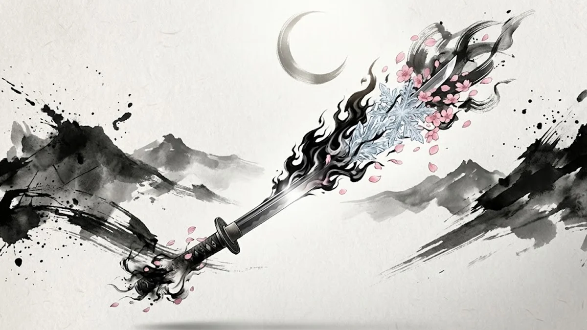 analise-estetica-zanpakuto-bleach-tite-kubo Ilustração conceitual de uma Zanpakuto combinando elementos de metal, pétalas e sombras em estilo artístico japonês.
