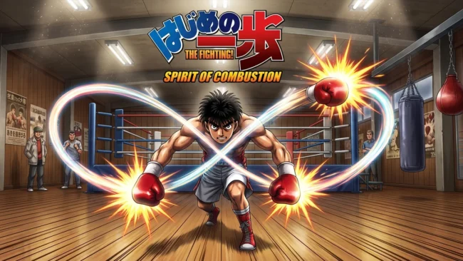 Ilustração de Ippo Makunouchi em posição de ataque no ringue, demonstrando a técnica Dempsey Roll com dinamismo e impacto visual.
