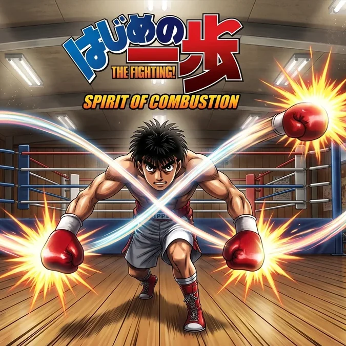 Ilustração de Ippo Makunouchi em posição de ataque no ringue, demonstrando a técnica Dempsey Roll com dinamismo e impacto visual.