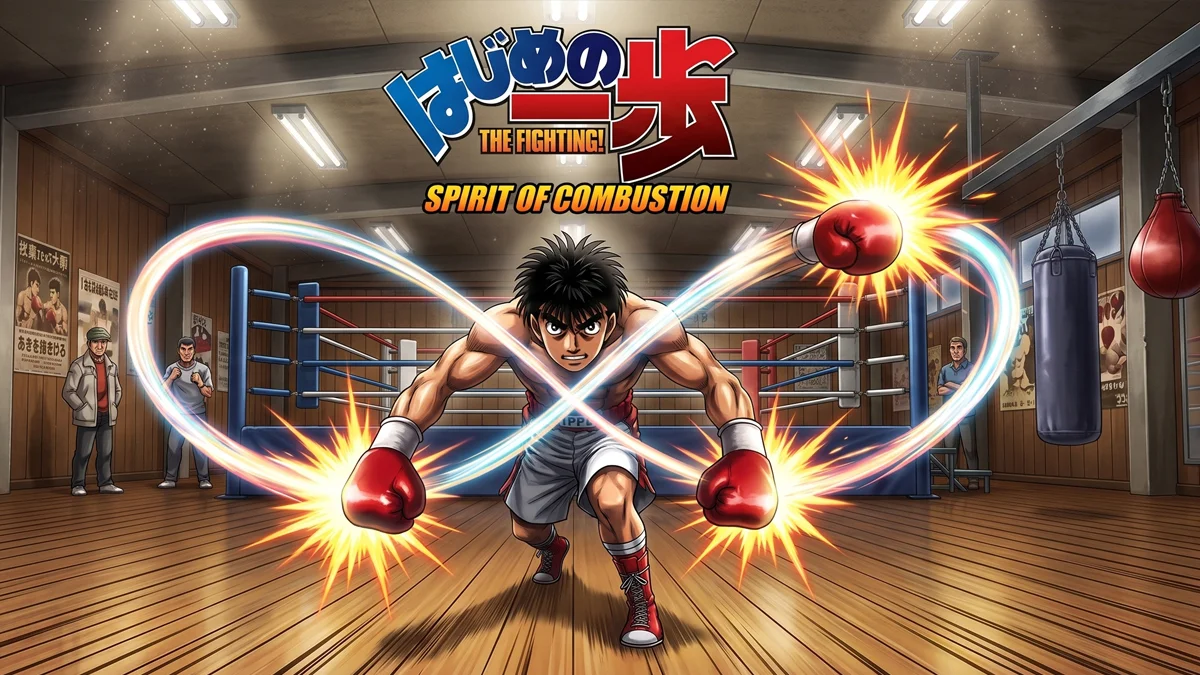 Ilustração de Ippo Makunouchi em posição de ataque no ringue, demonstrando a técnica Dempsey Roll com dinamismo e impacto visual.