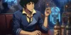 Ilustração de Spike Spiegel em um bar futurista com estética noir, destacando a atmosfera de jazz e melancolia do anime.