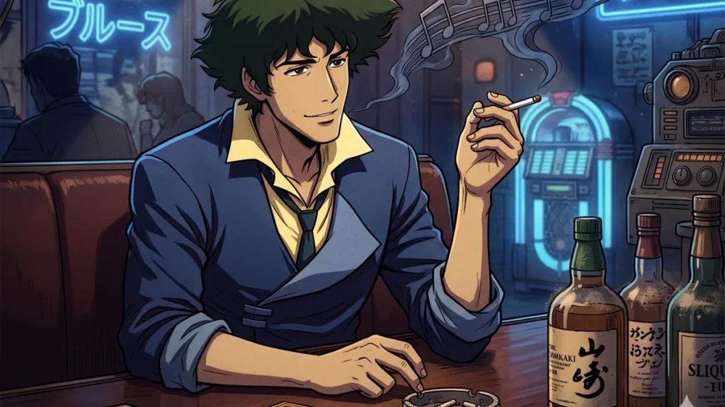 Ilustração de Spike Spiegel em um bar futurista com estética noir, destacando a atmosfera de jazz e melancolia do anime.