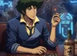 Ilustração de Spike Spiegel em um bar futurista com estética noir, destacando a atmosfera de jazz e melancolia do anime.