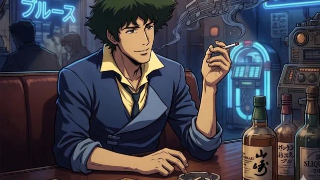 Ilustração de Spike Spiegel em um bar futurista com estética noir, destacando a atmosfera de jazz e melancolia do anime.
