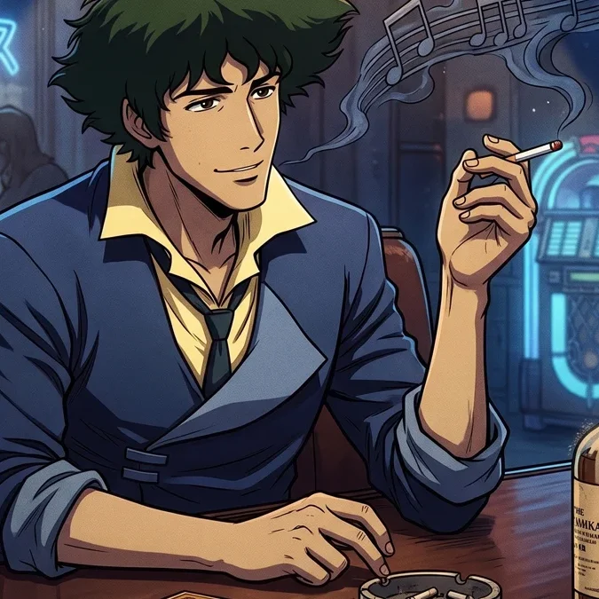 Ilustração de Spike Spiegel em um bar futurista com estética noir, destacando a atmosfera de jazz e melancolia do anime.