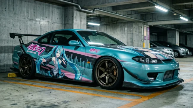 cultura-itasha-design-nissan-silvia Carro esportivo japonês modificado em estacionamento subterrâneo exibindo arte em vinil de estilo anime fluindo com as linhas aerodinâmicas da carroceria, exemplificando a cultura Itasha de design.