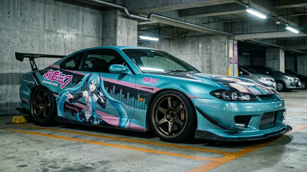 Carro esportivo japonês modificado em estacionamento subterrâneo exibindo arte em vinil de estilo anime fluindo com as linhas aerodinâmicas da carroceria, exemplificando a cultura Itasha de design.
