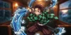 Ilustração de Tanjiro de Demon Slayer usando a Respiração da Água no Trem Mugen, em estilo Ufotable.