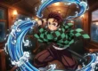 Ilustração de Tanjiro de Demon Slayer usando a Respiração da Água no Trem Mugen, em estilo Ufotable.
