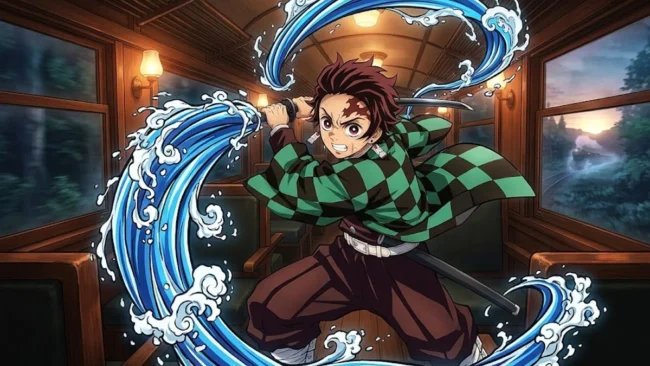 demon-slayer-mugen-train-vs-studio-ghibli-analise Ilustração de Tanjiro de Demon Slayer usando a Respiração da Água no Trem Mugen, em estilo Ufotable.