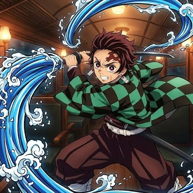 Ilustração de Tanjiro de Demon Slayer usando a Respiração da Água no Trem Mugen, em estilo Ufotable.