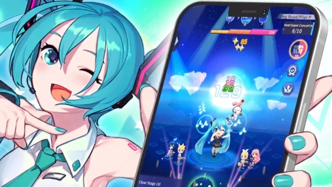 Close de uma mão tocando a tela de um celular que mostra o jogo de ritmo da Hatsune Miku