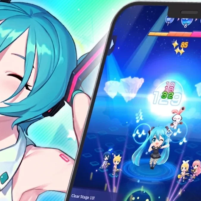 Close de uma mão tocando a tela de um celular que mostra o jogo de ritmo da Hatsune Miku