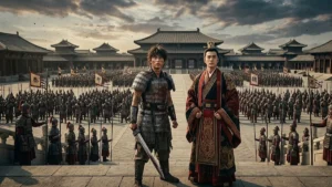 Shin e Ei Sei liderando exércitos de soldados no pátio do palácio de Qin no filme live-action de Kingdom.