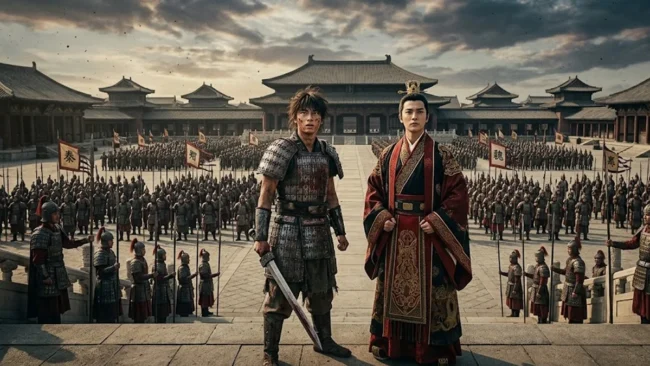 kingdom-live-action-batalha-palacio Shin e Ei Sei liderando exércitos de soldados no pátio do palácio de Qin no filme live-action de Kingdom.