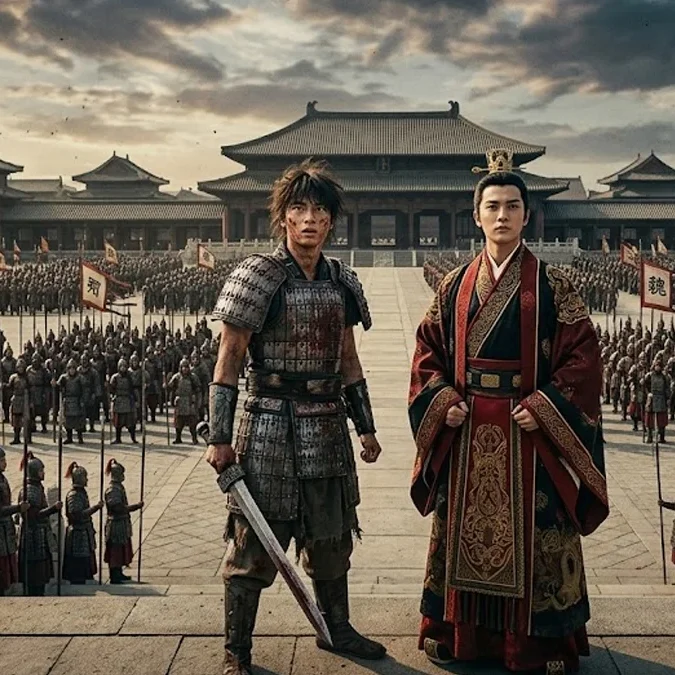 Shin e Ei Sei liderando exércitos de soldados no pátio do palácio de Qin no filme live-action de Kingdom.