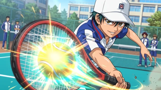 Ilustração de Ryoma Echizen rebatendo uma bola de tênis brilhante com sua raquete em uma quadra escolar vibrante.