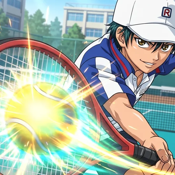 Ilustração de Ryoma Echizen rebatendo uma bola de tênis brilhante com sua raquete em uma quadra escolar vibrante.