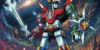 Ilustração de animação cel estilo anos 80 do robô Voltron (Golion) formado, segurando espada e escudo em fundo cósmico.