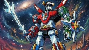 Ilustração de animação cel estilo anos 80 do robô Voltron (Golion) formado, segurando espada e escudo em fundo cósmico.