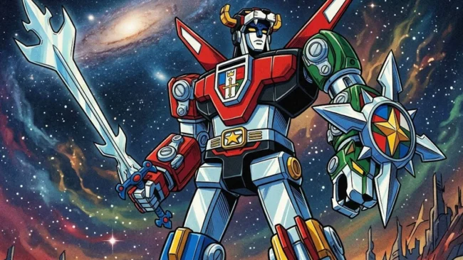 Ilustração de animação cel estilo anos 80 do robô Voltron (Golion) formado, segurando espada e escudo em fundo cósmico.