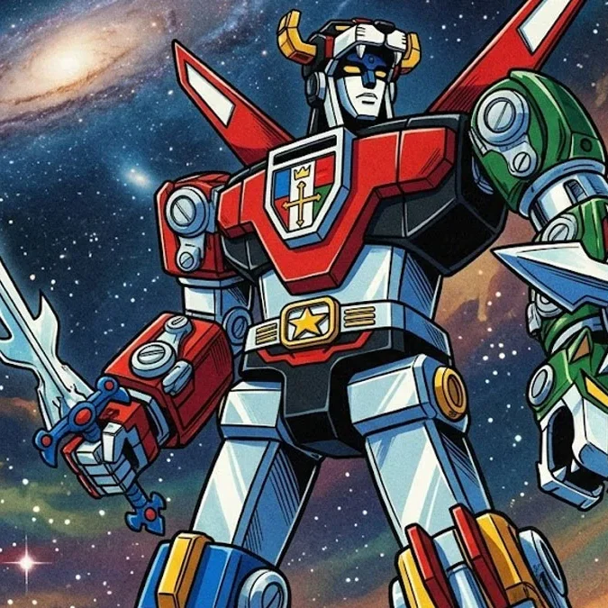 Ilustração de animação cel estilo anos 80 do robô Voltron (Golion) formado, segurando espada e escudo em fundo cósmico.