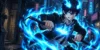 Rin Okumura de Blue Exorcist empunhando sua espada envolto em chamas azuis brilhantes em um cenário noturno.