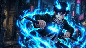 Rin Okumura de Blue Exorcist empunhando sua espada envolto em chamas azuis brilhantes em um cenário noturno.