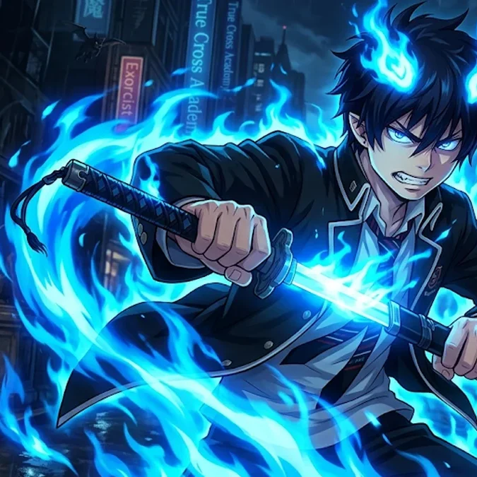 Rin Okumura de Blue Exorcist empunhando sua espada envolto em chamas azuis brilhantes em um cenário noturno.