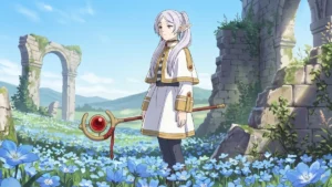 Frieren, a maga elfa de cabelos brancos, segura seu cajado em um campo repleto de flores azuis sob um céu claro.