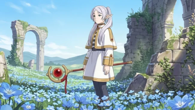 frieren-anime-madhouse-analise Frieren, a maga elfa de cabelos brancos, segura seu cajado em um campo repleto de flores azuis sob um céu claro.
