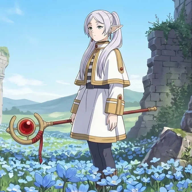 Frieren, a maga elfa de cabelos brancos, segura seu cajado em um campo repleto de flores azuis sob um céu claro.