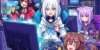 Ilustração colorida estilo anime de quatro garotas com orelhas de animais jogando videogame cercadas por luzes neon.