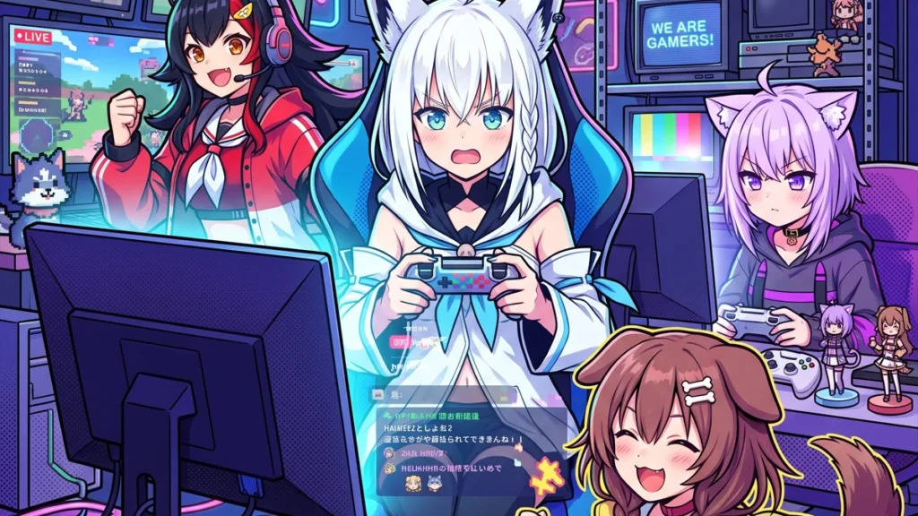 Ilustração colorida estilo anime de quatro garotas com orelhas de animais jogando videogame cercadas por luzes neon.