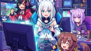 Ilustração colorida estilo anime de quatro garotas com orelhas de animais jogando videogame cercadas por luzes neon.