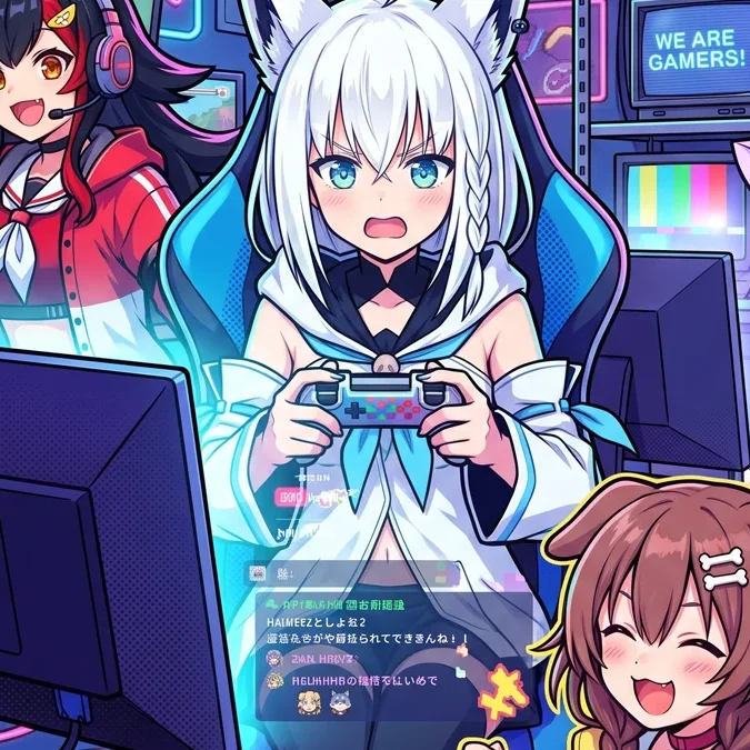Ilustração colorida estilo anime de quatro garotas com orelhas de animais jogando videogame cercadas por luzes neon.