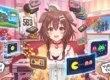 Ilustração digital no estilo anime de Inugami Korone cercada por consoles e estética de jogos retrô pixelados.