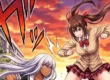 Ilustração em estilo mangá de duas guerreiras em pose de combate dinâmico em um pátio escolar japonês ao pôr do sol.