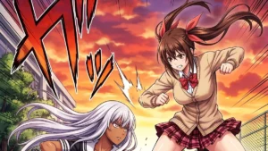Ilustração em estilo mangá de duas guerreiras em pose de combate dinâmico em um pátio escolar japonês ao pôr do sol.