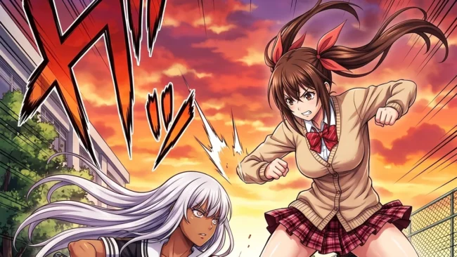 shin-ikkitousen-manga-artes-marciais-estilo Ilustração em estilo mangá de duas guerreiras em pose de combate dinâmico em um pátio escolar japonês ao pôr do sol.