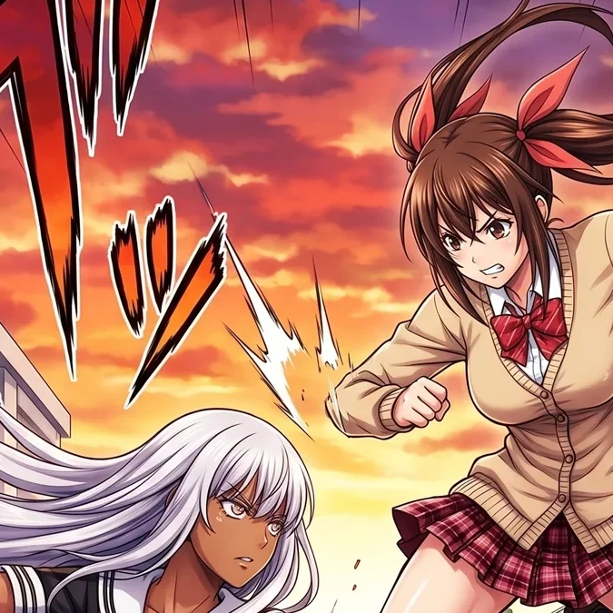 Ilustração em estilo mangá de duas guerreiras em pose de combate dinâmico em um pátio escolar japonês ao pôr do sol.