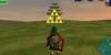 Visão em terceira pessoa do personagem Link de costas olhando para uma vasta planície aberta com tons de verde e marrom. No horizonte, um sol quadrado amanhece, e uma mira amarela triangular está travada no tronco de uma árvore isolada à direita.