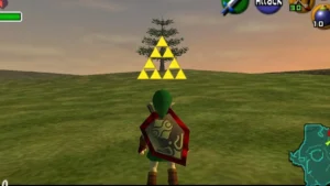 Visão em terceira pessoa do personagem Link de costas olhando para uma vasta planície aberta com tons de verde e marrom. No horizonte, um sol quadrado amanhece, e uma mira amarela triangular está travada no tronco de uma árvore isolada à direita.