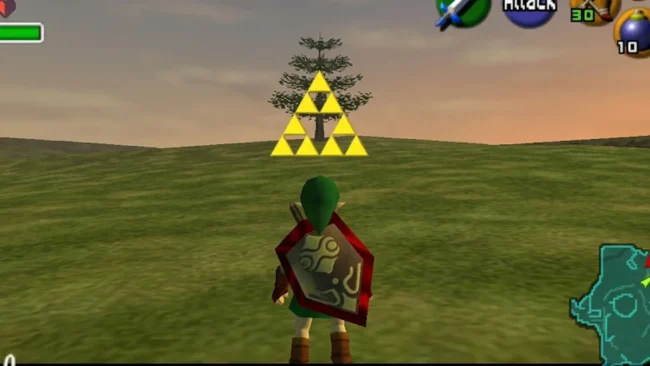 zelda-ocarina-of-time Visão em terceira pessoa do personagem Link de costas olhando para uma vasta planície aberta com tons de verde e marrom. No horizonte, um sol quadrado amanhece, e uma mira amarela triangular está travada no tronco de uma árvore isolada à direita.
