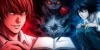 Ilustração em alto contraste mostrando Light Yagami sob luz vermelha e o detetive L sob luz azul, em clima de suspense.