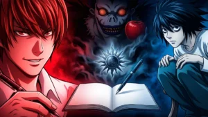 Ilustração em alto contraste mostrando Light Yagami sob luz vermelha e o detetive L sob luz azul, em clima de suspense.