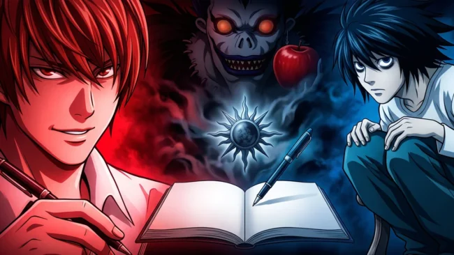 death-note-light-yagami-l-suspense-psicologico Ilustração em alto contraste mostrando Light Yagami sob luz vermelha e o detetive L sob luz azul, em clima de suspense.